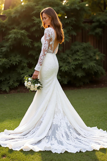 Ivory V-Neck Lace Mermaid Wedding Dress with Appliques